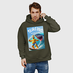 Толстовка оверсайз мужская Homer Simpson and shark - surfing never alone, цвет: хаки — фото 2