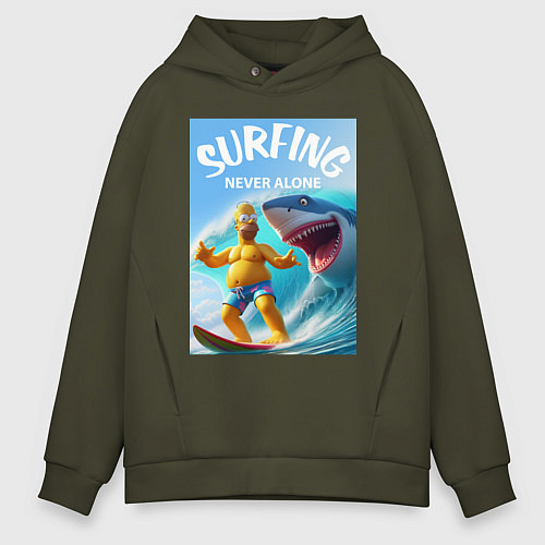Мужское худи оверсайз Homer Simpson and shark - surfing never alone / Хаки – фото 1