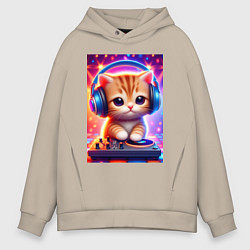 Толстовка оверсайз мужская Cutie kitten DJ - neon glow, цвет: миндальный