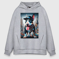 Толстовка оверсайз мужская Funny bull terrier in New York - ai art, цвет: меланж