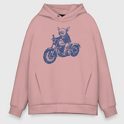 Толстовка оверсайз мужская Той-терьер байкер на мотоцикле чоппере, цвет: пыльно-розовый