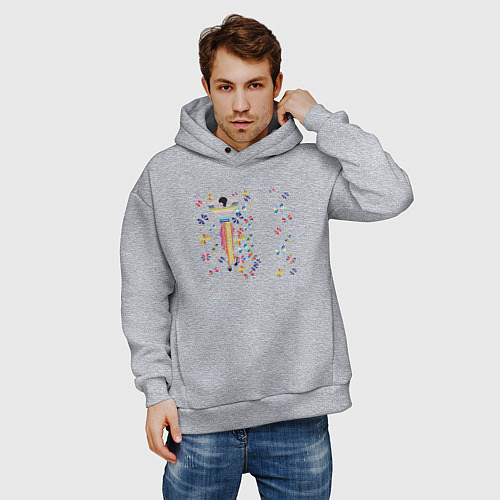 Мужское худи оверсайз Девушка в цветах / Меланж – фото 3