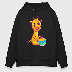 Толстовка оверсайз мужская Жираф играет в мяч, цвет: черный