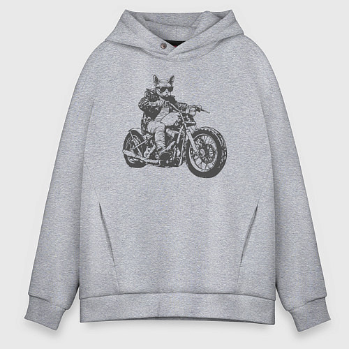 Мужское худи оверсайз Сфинкс мотоциклист на чоппере кот байкер / Меланж – фото 1