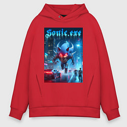 Толстовка оверсайз мужская Ёжик монстр в ночном мегаполисе - неоновое свечени, цвет: красный