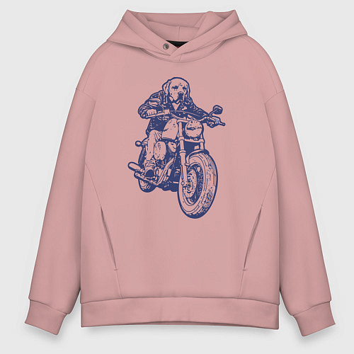 Мужское худи оверсайз Лабрадор байкер на мотоцикле чоппере / Пыльно-розовый – фото 1