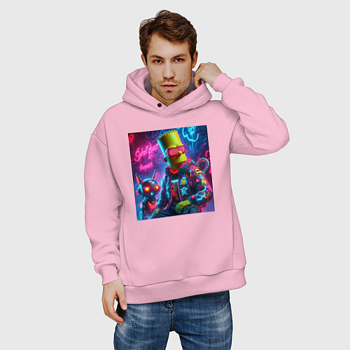 Мужское худи оверсайз Барт Симпсон с котом роботом - нейроарт / Светло-розовый – фото 3