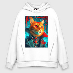 Толстовка оверсайз мужская Рыжий кот вампир - нейроарт, цвет: белый