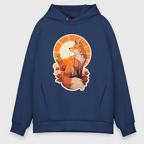 Мужское худи оверсайз Лиса и солнце в японском стиле / Тёмно-синий – фото 1