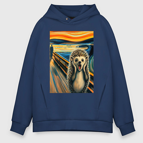 Мужское худи оверсайз Ёжик кричит на картине Эдварда Мунка - мем искусст / Тёмно-синий – фото 1