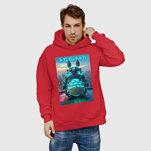 Мужское худи оверсайз Cyber Totoro - neon glow fantasy / Красный – фото 3