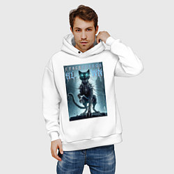 Толстовка оверсайз мужская Cyber black cat - halloween horror fantasy, цвет: белый — фото 2
