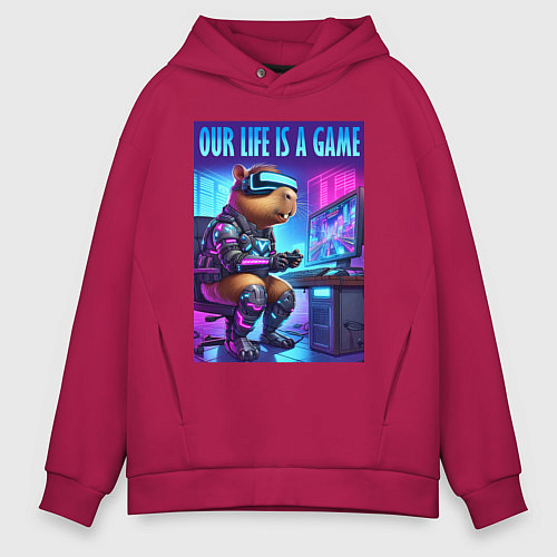 Мужское худи оверсайз Капибара заядлый геймер - неоновое свечение / Маджента – фото 1