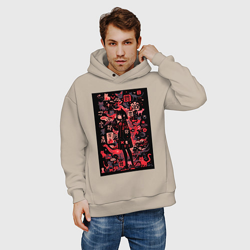 Мужское худи оверсайз Девушка кошка / Миндальный – фото 3