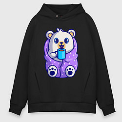 Толстовка оверсайз мужская Белый мишка в одеяле, цвет: черный