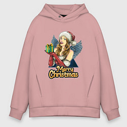 Толстовка оверсайз мужская Снегурочка с подарком, цвет: пыльно-розовый