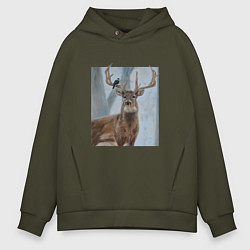 Толстовка оверсайз мужская Олень и птица живопись, цвет: хаки