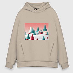 Толстовка оверсайз мужская Новогодний домик, цвет: миндальный