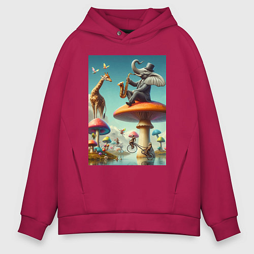 Мужское худи оверсайз Слон играет на саксофоне жирафу / Маджента – фото 1