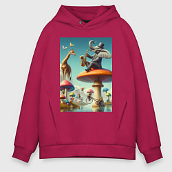 Толстовка оверсайз мужская Слон играет на саксофоне жирафу, цвет: маджента