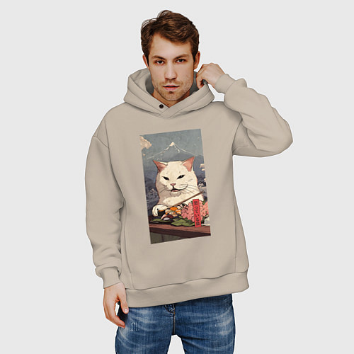 Мужское худи оверсайз Cat meme - japan style / Миндальный – фото 3