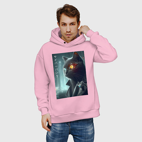 Мужское худи оверсайз Black cat - cyberpunk / Светло-розовый – фото 3