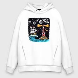 Толстовка оверсайз мужская Маяк и парусник, цвет: белый