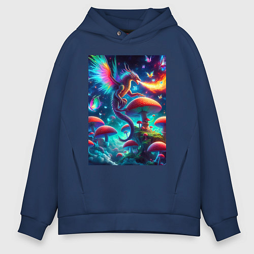 Мужское худи оверсайз Сказочный дракон на планете неоновых грибов / Тёмно-синий – фото 1