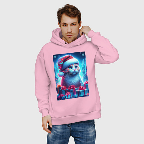Мужское худи оверсайз Новогодний котик среди подарков / Светло-розовый – фото 3
