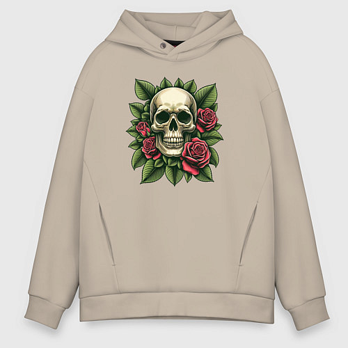 Мужское худи оверсайз Череп в зеленых листьях и красных розах / Миндальный – фото 1