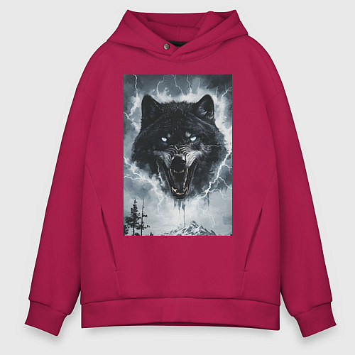 Мужское худи оверсайз Волк с оскаленной пастью / Маджента – фото 1