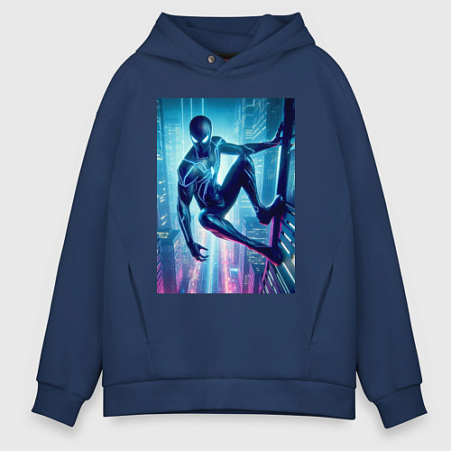 Мужское худи оверсайз Чувак-паук висит на стене небоскрёба / Тёмно-синий – фото 1