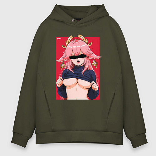 Мужское худи оверсайз Яэ Мико в стиле 80х - Геншин Импакт / Хаки – фото 1