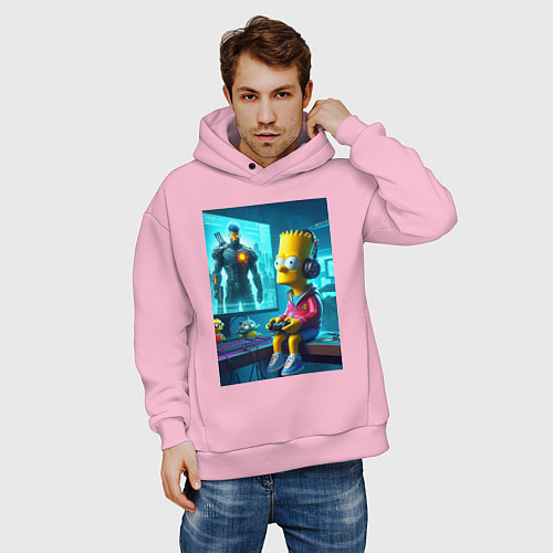 Мужское худи оверсайз Bart Simpson is an avid gamer / Светло-розовый – фото 3