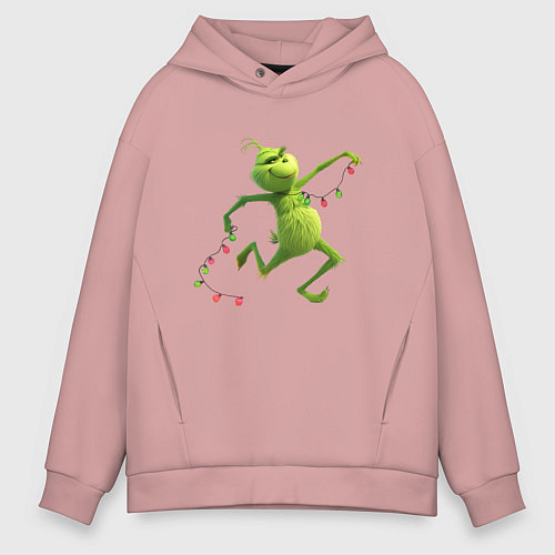 Мужское худи оверсайз Новогоднее настроение гринч с гирляндой / Пыльно-розовый – фото 1