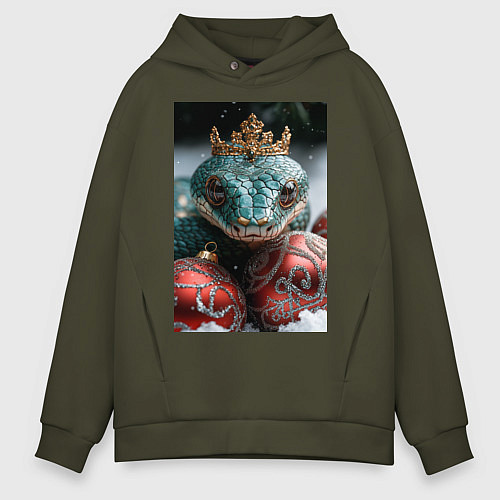 Мужское худи оверсайз Новогодняя змея королева / Хаки – фото 1