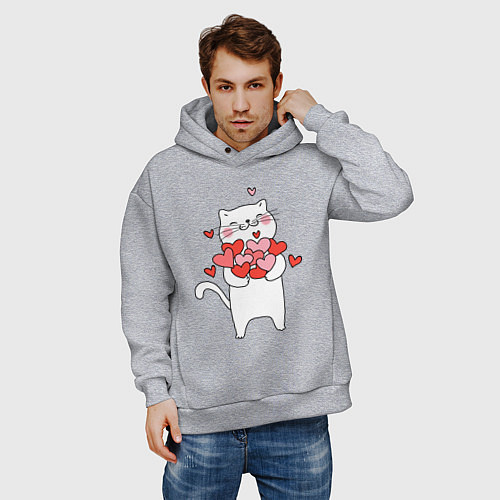 Мужское худи оверсайз Белый кот с охапкой сердец / Меланж – фото 3