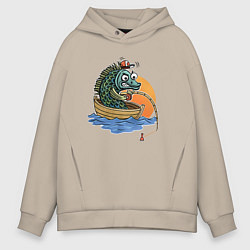 Толстовка оверсайз мужская Увлеченная рыба-рыбак ловит рыбу удочкой, цвет: миндальный