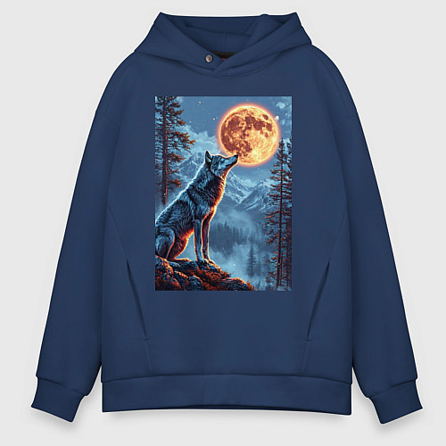 Мужское худи оверсайз Волк и луна / Тёмно-синий – фото 1
