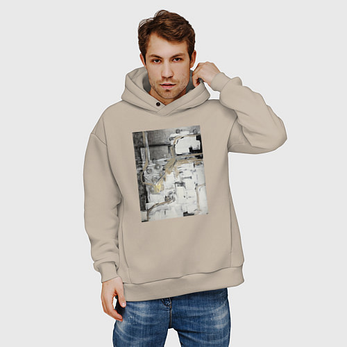 Мужское худи оверсайз Черно-бежевая абстракция / Миндальный – фото 3