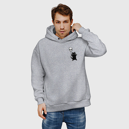 Мужское худи оверсайз Черный кот с шариком / Меланж – фото 3