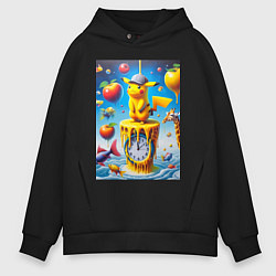 Толстовка оверсайз мужская Funny Pikachu and fishes - surrealism, цвет: черный