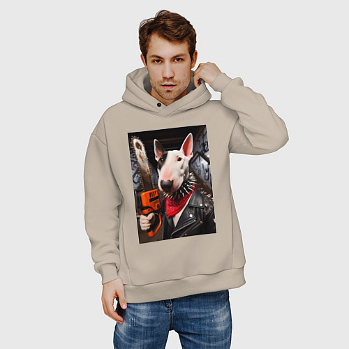 Мужское худи оверсайз Бультерьер с бензопилой - нейроарт / Миндальный – фото 3