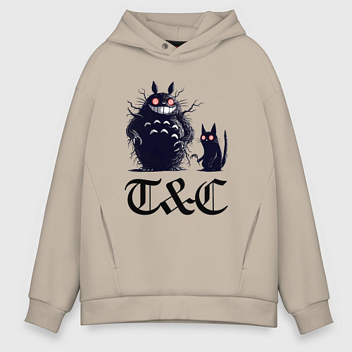 Мужское худи оверсайз Totoro and black cat - anime / Миндальный – фото 1