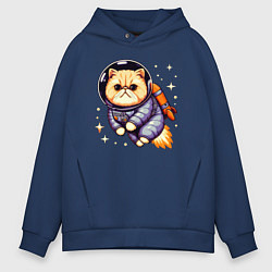Толстовка оверсайз мужская Котик бравый космонавт с джетпаком, цвет: тёмно-синий