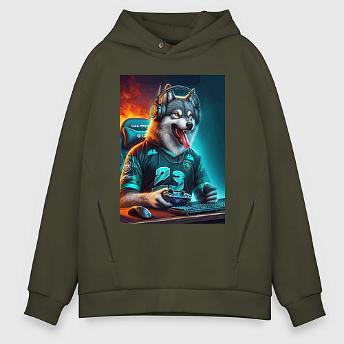 Мужское худи оверсайз Волчара кибер спортсмен - нейроарт / Хаки – фото 1