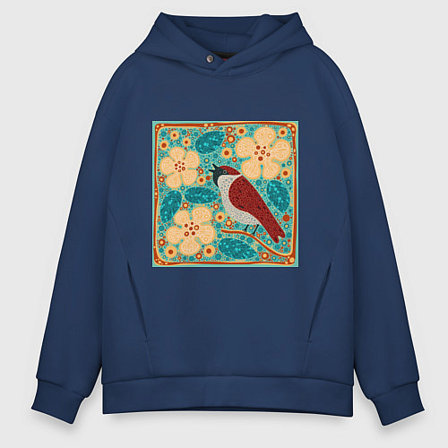 Мужское худи оверсайз Воробей на ветке яблони / Тёмно-синий – фото 1
