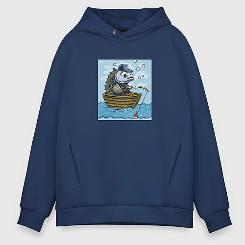 Мужское худи оверсайз Рыба ловит рыбу в лодке / Тёмно-синий – фото 1