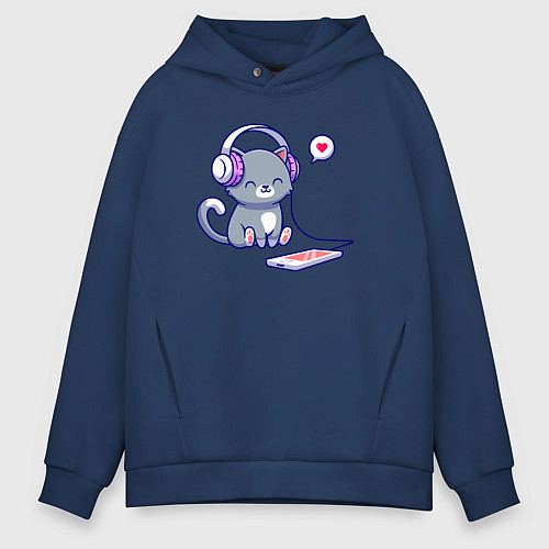 Мужское худи оверсайз Котёнок меломан / Тёмно-синий – фото 1
