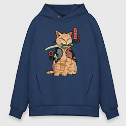 Толстовка оверсайз мужская Кот самурай Якудза, цвет: тёмно-синий